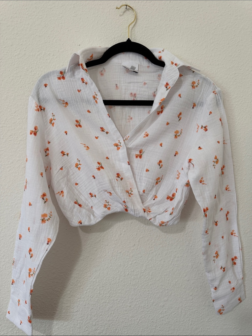 White Orange Floral Tie-Front Button-Down Crop Shirt - Women Tops